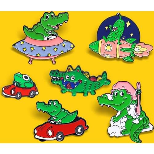 Funny Frog Crocodile Enamel Pin Custom Green Animal Brooches Froggy UFO Universe Airship Red car Badge Jewelry Gift for Friends