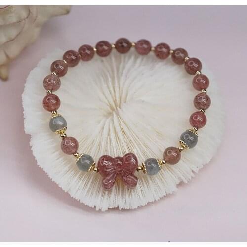 Ethnic Bowknot Natural Strawberry Crystal Moonstones Beaded Strand Bracelets for Women Female Fine Jewelry Accessories YBR502