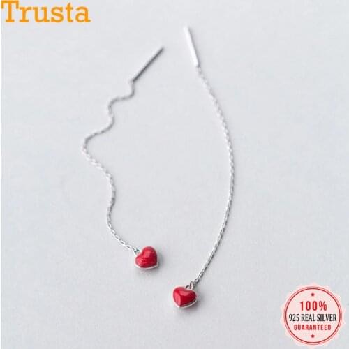 Trustdavis Fashion 925 Sterling Silver Sweet OL Tassel Chain Red Heart 7.8cm Drop Earrings For Women Wedding Fine Jewelry DS272