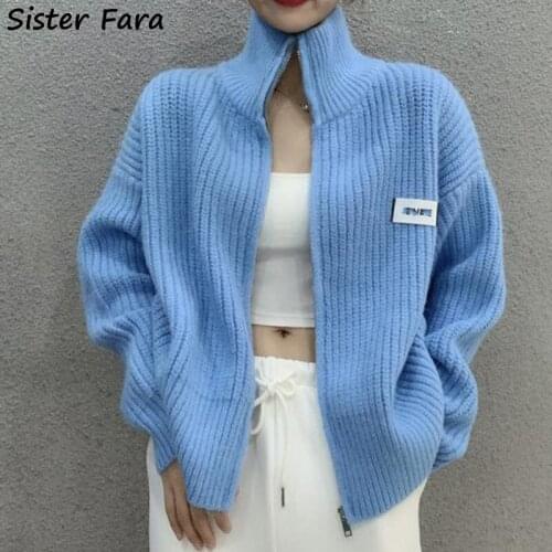 Sister Fara Autumn Winter Thicken Zipper Sweaters Women O-Neck Solid Loose Cardigans Ladies Long Sleeve Casual Knitting Sweater