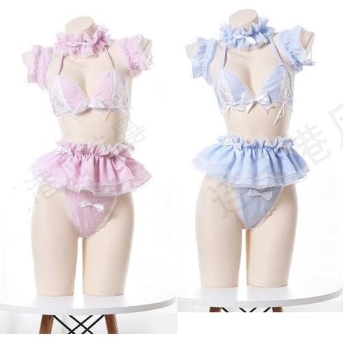 Womens Sexy Costume Lolita Cute Maid Uniform Kawaii Anime Bikini Set Pleated Lace Underwear Lingerie Set Costume Cosplay