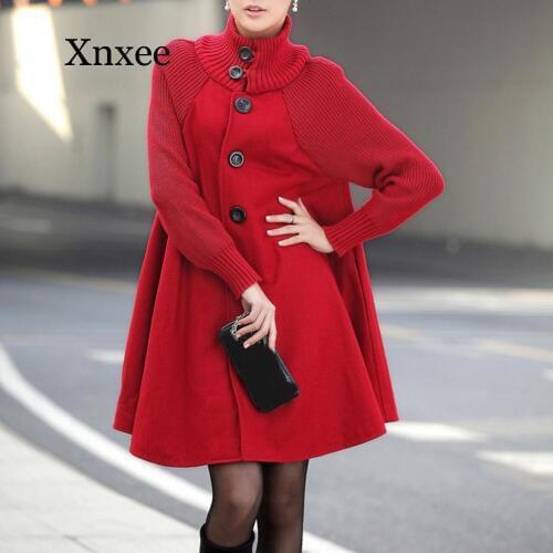 Red Solid Women Winter High Neck Long Sleeve Knitted Sweater Cape Cloak Coat Loose Buttons Closure All-match Womens Cloak