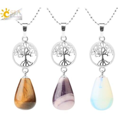 CSJA Reiki Natural Stone Water Drop Shape Tree of Life Necklace Pendants Silver Color Healing Crystal Quartz for Women Gift G742