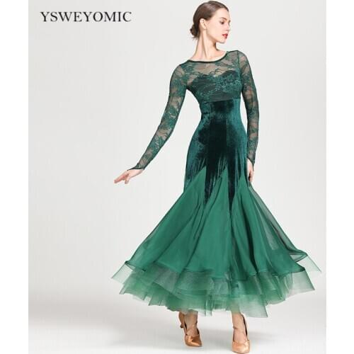 2020 New Ballroom Dancing Dress For Women with Long Sleeves in Lace Black Red Dark green Waltz Ballroom Standard Dance Dress