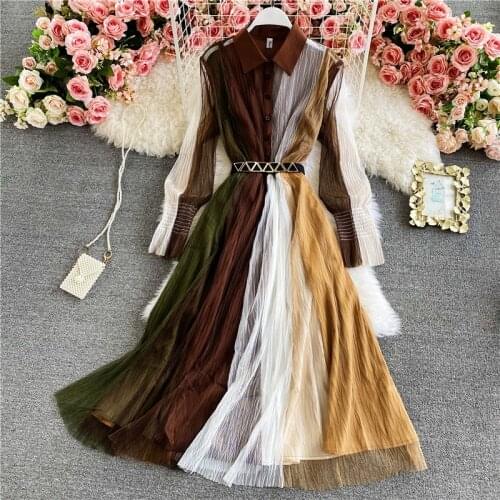 2021 New elegant Women Design Splice Mesh Dress Retro Turn-down Collar Puff Sleeve Button A-line Dress Autumn Fashion Dress