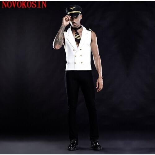 2020 Night Club Sailor Button Shirt Pants Tie Hat Sery Lingerie Black With White Men Plane Captain Uniform Cosplay Costume