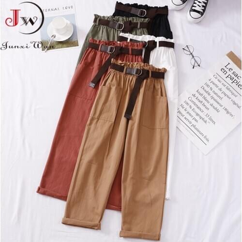 2021 Spring Summer Women Bow Belt Solid Elastic Waist Casual Pants Korean Sweet Girls Ankle-Length Loose Cotton Long Trousers
