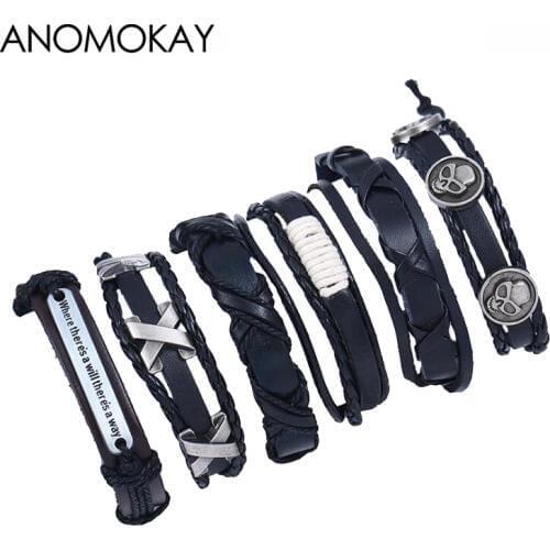 ANOMOKAY 6 PCS/SET Vintage Punk Style Cow Leather Strap Bracelets & Bangles Black Handmake Braided Ethnic Jewelry Bracelet Gift