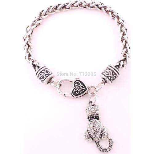 Animal bracelet Lobster Claw Wheat Link Bracelet Chain with Crystal LOVE CAT Pendant Bracelet