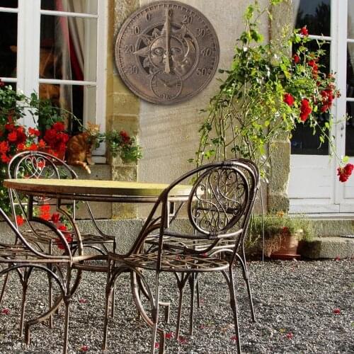 Retro Bronze Hanging Wall Clock Attached Thermometer Indoor or Outdoor Sun Moon Look Bedroom Living Room Hotel Shops Cafe