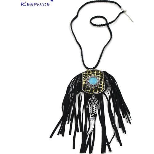 Ethnic Tibet antique Silver Hamsa hands pendant necklace leather Tassel long fringe pendants Necklace