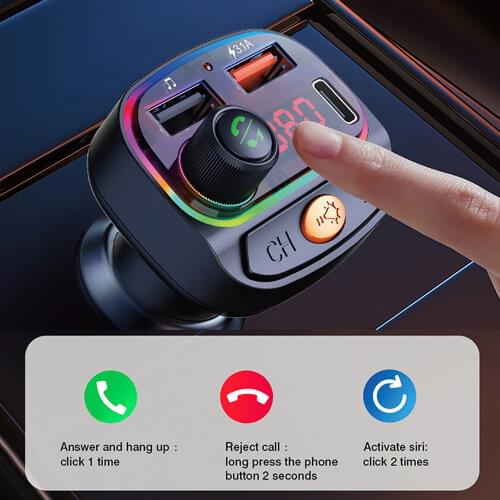 KEBIDU FM Transmitter Bluetooth5.0 Adapter Colorful Car Mp3 Player Handsfree Calling Dual USB with QC 3.0 PD/Type C Fast Charger