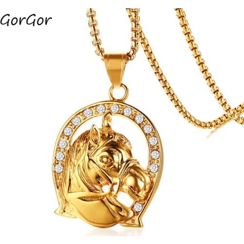 GorGor High Quality Stainless Steel Rhinestone Golden Horse Head Long Pendant Necklace for Fashion Mens Jewelry Gift PN-1030