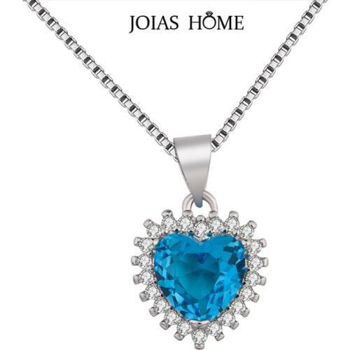 JoiasHome 925 sterling silver Korean Necklace For Woman Aquamarine Heart Pendant with 40cm Necklace Fashion Jewellery