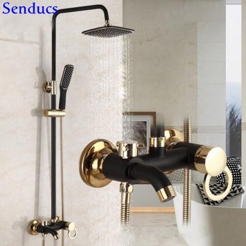 Senducs Black gold shower set with quality brass bathroom shower faucet rainfall shower system for luxury bath shower mixer tap