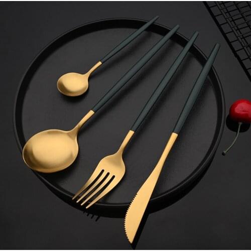 4Pcs/Set Green Gold Matte Cutlery Set Stainless Steel Dinnerware Silverware Flatware Set Dinner Knife Fork Spoon Tableware Set
