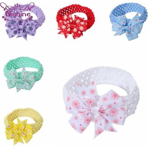 Nishine 8*7.5 CM Lovely Little Daisy Print Bows Infant Hairband Fashion Handmade Knitting Elastic Headband Kid Photography Props