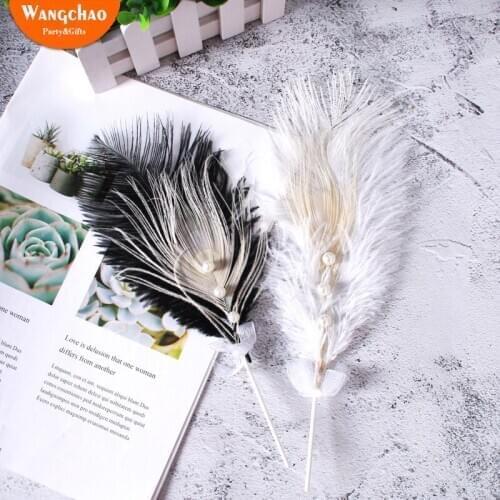 Charming Black White Beige Pearl Feather Cake Topper Romantic Wedding Birthday Party Supplies Dessert Table Cake Decoration