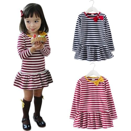 Wholesale Girls Dresses Navy blue, Red&White Striped Kids Long Sleeve Dress Ruffles Hem Baby Spring One-piece Bowknot Dress