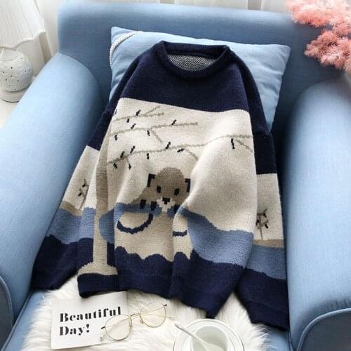 Casual Sweet Cute Animal Women Sweater And Pullovers 2021 Winter New O-Neck Flare Sleeve Thicken Warm Lady Elegant Pulls Outwear