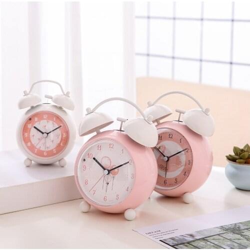 3/4 Inches Pink Alarm Bedside Clocks for Princess Girl Living Room Table Decoration Mute Student Bell Clocks with Night Lights
