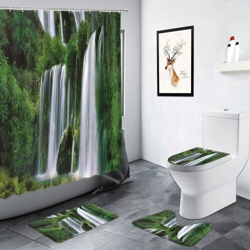 Spring Waterfall Landscape Shower Curtains Forest Green Plants Water Natural Scenery Bathroom Decor Rug Non-slip Toilet Mats Set