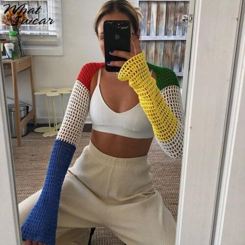 Whatiwear Colorful Knitted Mesh Cropped Tops Woman Long Sleeves Contrast Hollow Fabric High Street Top Clubwear Female Summer