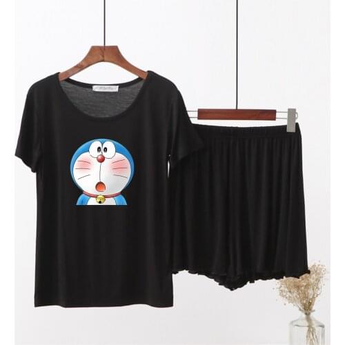 Japan Anime Doraemon Cute Cartoon Women Summer Modal Pajamas Set O-Neck Pullover Two-Piece Large Size Thin Short Sleeve Homewear