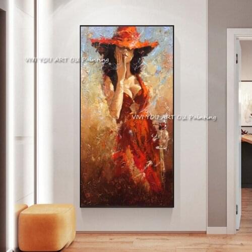 The Wearing Hat Red Dress Woman New Wall Art Canvas Handpainted Cuadro Modern Abstract Painting Sexy Girl Figure Wall Pictures