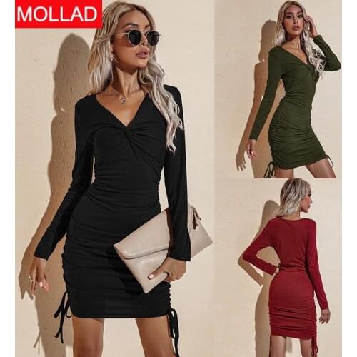 European and American Womens Clothing 2021 Autumn New Long Sleeve V-neck Sexy Slim Fit BM Style Dress
