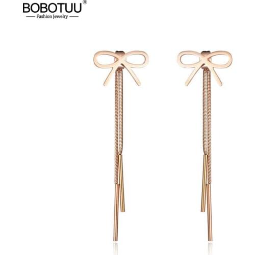 BOBOTUU Trendy Rose Gold Bowknot Long Geometric Fringed Titanium Steel Womens Earrings Party Pendant Gifts Oorbellen BE17061