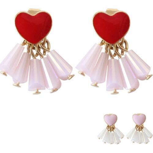 Harajuku Elegant Pink Glass Crystal Tassels Cute Kawaii Red Heart Statement Stud Earrings for Women Girl Female Wedding Party