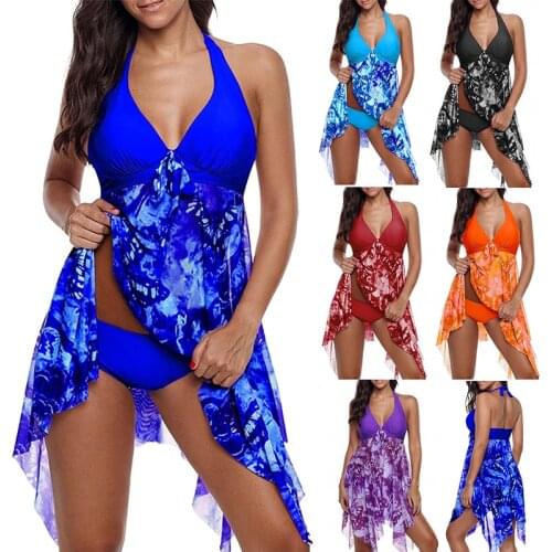 Summer Women Swimwear Irregular Floral Printed Halter Two Piece Swimsuit Bathing Suit Swimming Dress and Short Beachwear Tankini