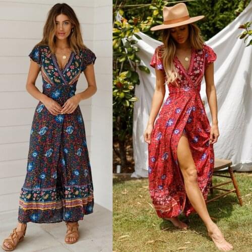 2020 Summer Women Beach Dress Swimsuit Bikini Cover Up Sexy Print Bohemia Split Long Dresses Pareo Beach Wear Bathing Suit Tunic
