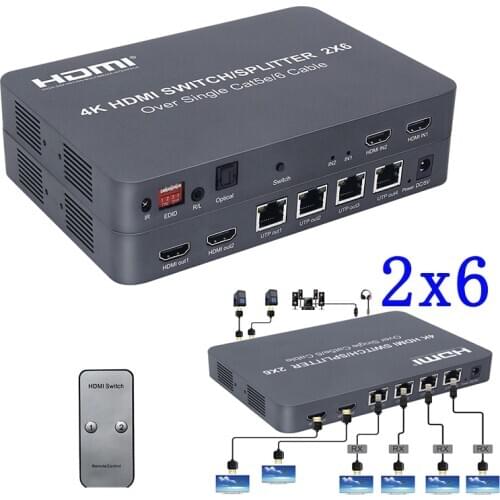 2x6 HDMI Switcher/Splitter Extender Optical SPDIF + 3.5mm jack Audio Extractor 4K@30HZ 100M By Ethernet RJ45 CAT5e CAT6