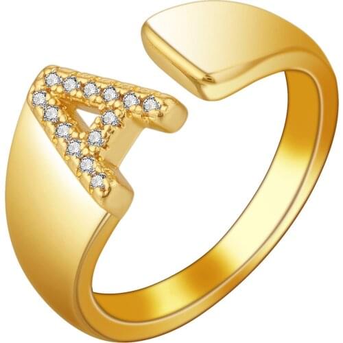 A-Z 26 Alphabet Letters Opening Rings Gold Color Copper Zircon Chunky Resizable Knuckle Cuff Ring Women Men Hiphop Party Jewelry
