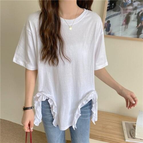 White Oversized Asymmetrical Summer Tee Shirt Women Short Sleeve Solid Cotton Long T-Shirt Female Casual O-Neck Korean Tops