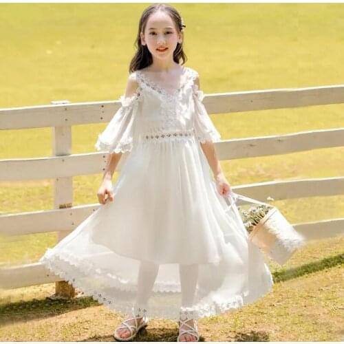 White Lace Dress Girls Lace Flower Off Shoulder Girl Princess Dress Girl Wedding Long Maxi Dress Fancy Party Formal Dress