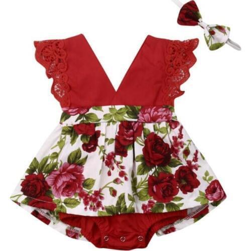 Baby Summer Clothing Infant Baby Girls Floral Playsuit Sleeveless Lace V-Neck Ruffles Jumpsuit Headband Outfits