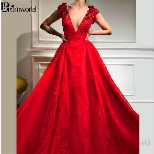 Elegant Red Evening Dresses 2020 Sexy Deep V-Neck Sleeveless Lace Appliques 3D Flowers A-line vestidos de gala Long Evening Gown