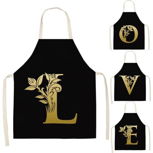 Letter Apron Black Golden Flower Kitchen Aprons for Women Cotton Linen Bibs Household Cleaning Pinafore Home Cooking WQ121