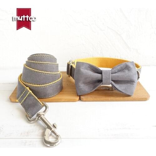 MUTTCO retailing self-design bow tie dog collar THE GRAY COVER YELLOW handmade Pretty necktie collars and leashes set UDC026
