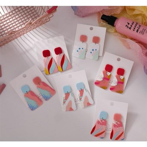 Korean Retro Geometric Earrings Girl Wind Trapezoid Color Acrylic Earrings Pink Plant Flower Plate Earrings