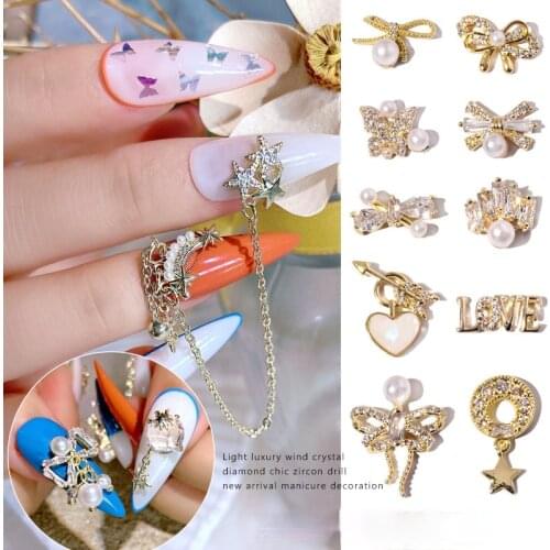 Nail zircon bow jewelry color protection gold chain pendant pearl micro inlaid diamond nail jewelry diamond nail charms luxury