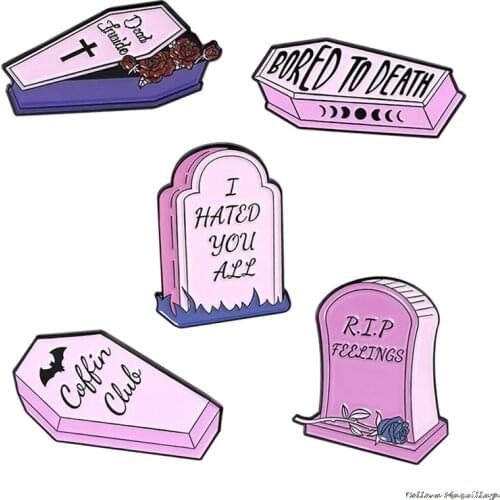Dead Inside Enamel Pins Custom Purple Coffin Tombstone Brooch Lapel Badge Bag Gothic Punk Jewelry Gift for Friends