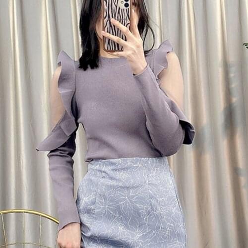 Japanese Sweet Ruffles Patchwork Flying Sleeve Slim Fit Pullovers Chic Voile Knit Sweater Women Spring Temperament Tops