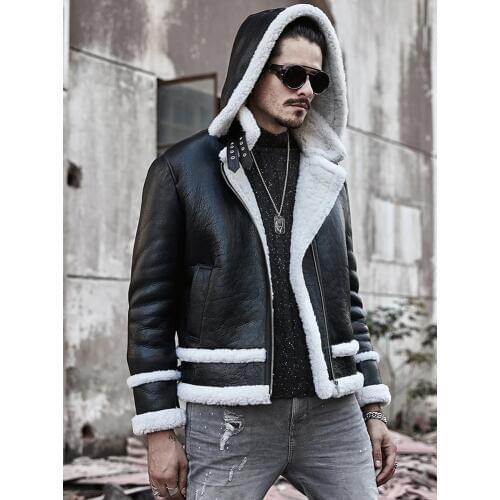 Shearling Coat Mens Black B3 Bomber Jacket Hooded Leather Jacket 2019 New Mens Winter Coats Short Sheepskin Coat