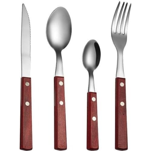 4/24Pcs 304 Stainless Steel Dinnerware Sets Glossy Silver Wooden Handle Tableware Western Food Knife Fork Teaspoon Cutleries HOT