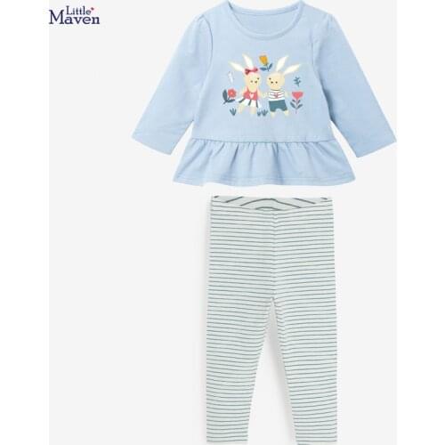 Baby Girls Fall Clothes Autumn Children Set Cotton Two Pieces Suit Toddler Girl Light Blue Bunny Shirt + Striped Pants 2-7y