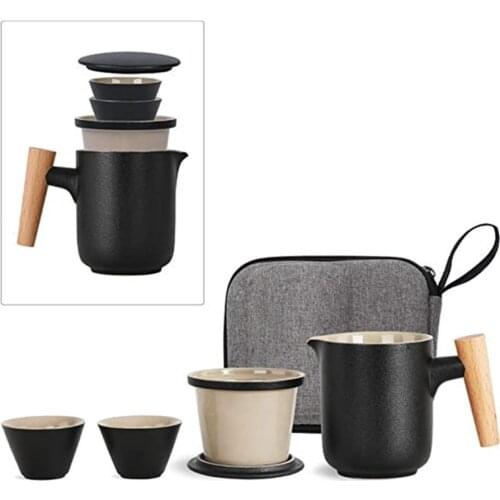 Travel Tea Set with Case 1 Pot 2 Mini Cups Ceramic Cup 300ML with Heat-Resistant Wooden Handle Portable Kungfu Tea Cup Gift New
